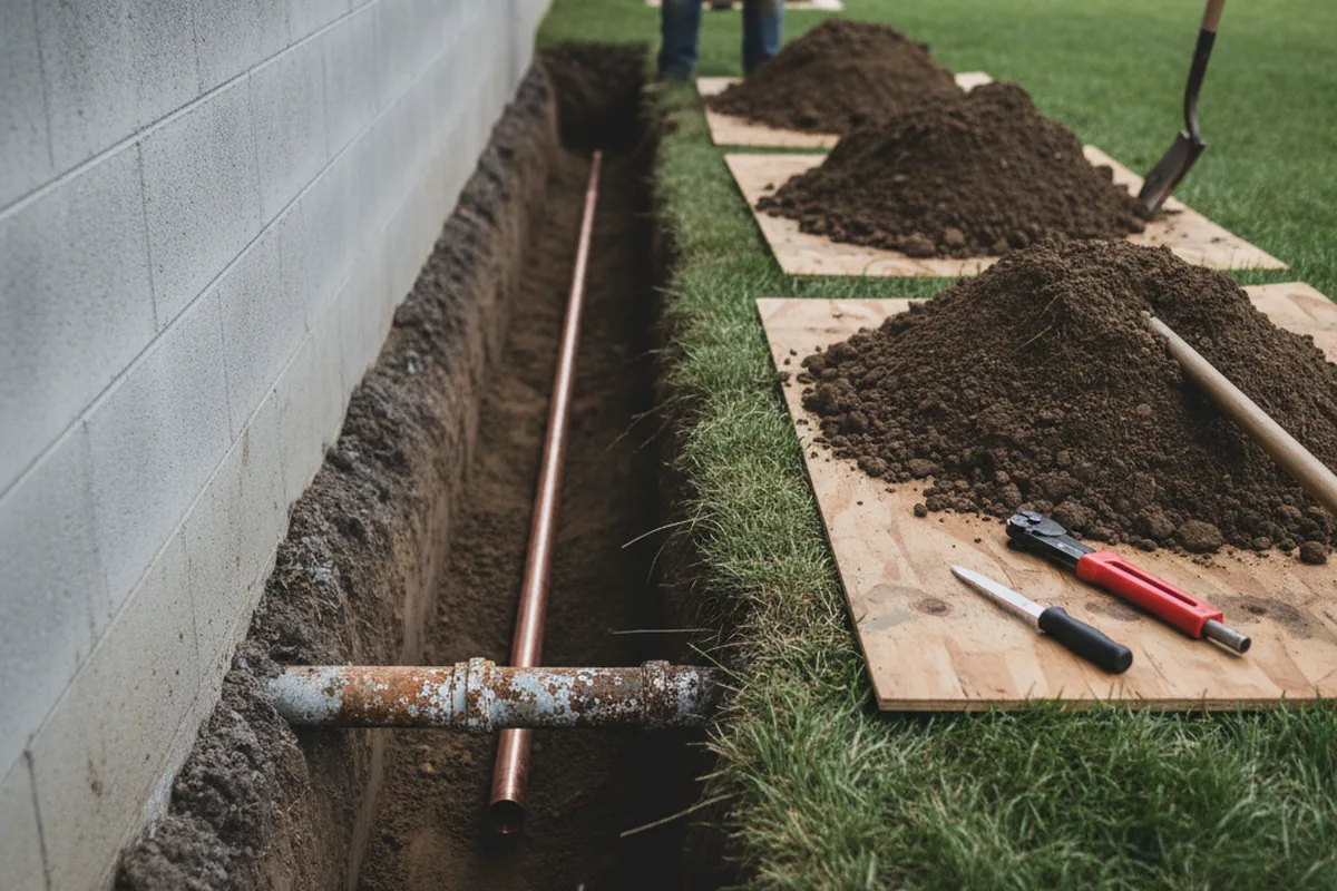Excavated water line trench during Water Heater Repair in Amado